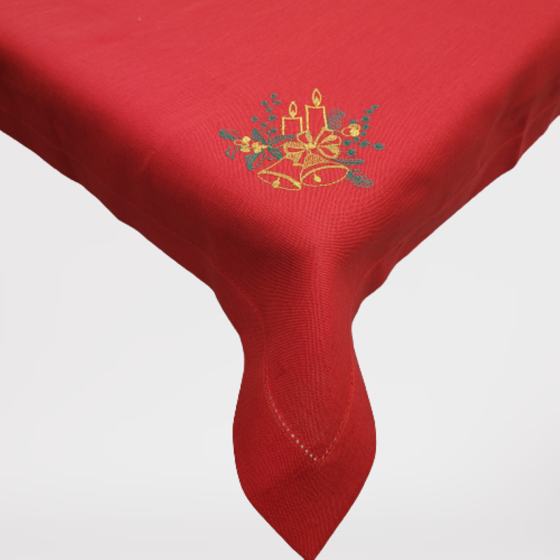 Obrus lniany - czerwień świąteczna z haftem - rozmiar 80 x 80 cm - Nr modelu 2