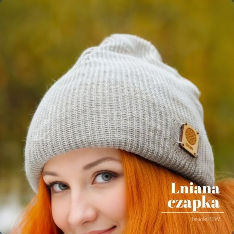 Czapka lniana beanie PEW - uniwersalna  bezuciskowa całoroczna -  obwód +/- 48 cm, głębokość/wysokość+/-23 cm